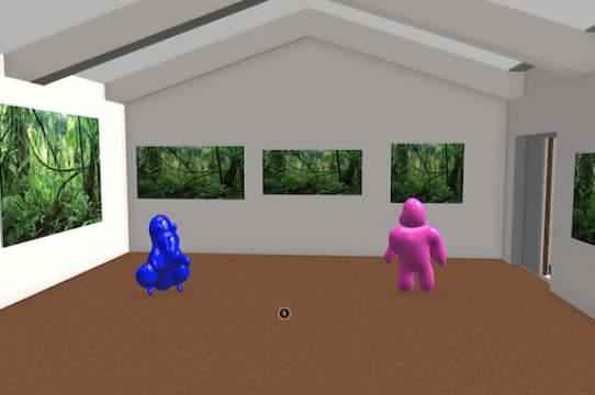 A view of the main gallery of the Sesnon 3D model with placeholder objects to approximate sculptural work. The scale of embedded images and objects can be adjusted; small scale work can be modified to be life-sized, allowing artists more freedom in presenting their work.