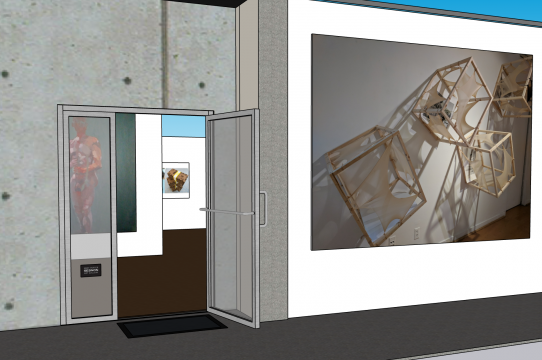 Entrance view of the 3D Sesnon Gallery model with placeholder images of past work by the 2020 Irwin Scholars.
