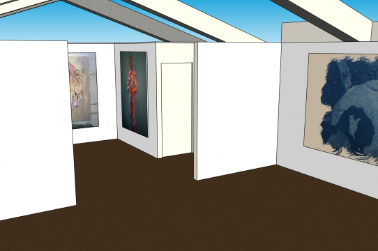 South view of the main gallery of the Sesnon 3D model with placeholder images of past work by 2020 Irwin Scholars.