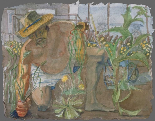 Eduardo Carrillo, Ed in the Garden, 1993. Watercolor, 19” x 24”