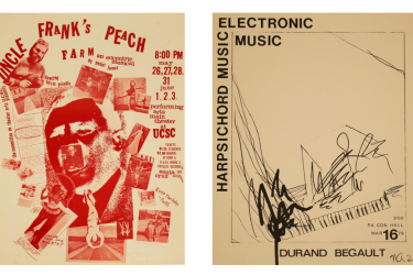 Uncle Frank's Peach Farm musical poster directed by Peder Jones (Stevenson, '70), Harpsichord Music Electronic Music recital poster performance by Durand Begault (class of '79)