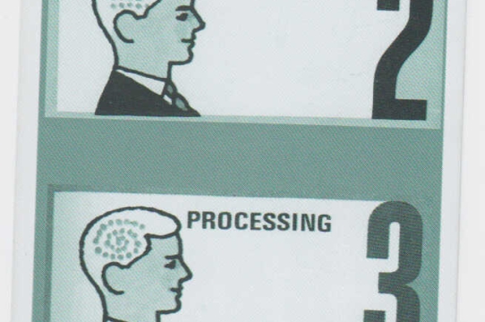 The vertical image is broken into four cells, with corresponding numbers on the right side. There is a cartoon man in each cell and the text "Input," "Memory," "Processing" and "Output"