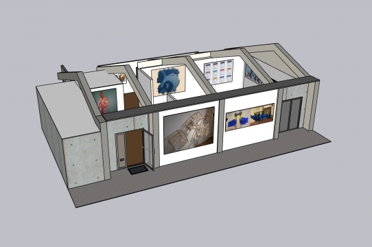 An early model of the Sesnon Gallery with placeholder images from the 2020 Irwin Scholars.