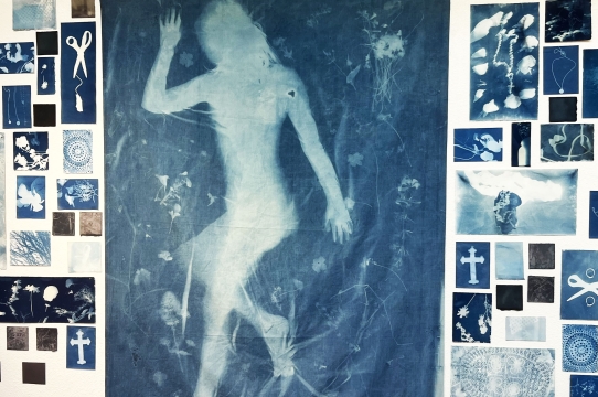 beatriz savin y juárez, "Hazards to Your Holiness" (2023), installation of cyanotypes on linen and paper 