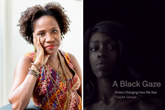 Image of Black feminist theorist in visual culture, Tina Campt, and the cover of her book, A Black Gaze