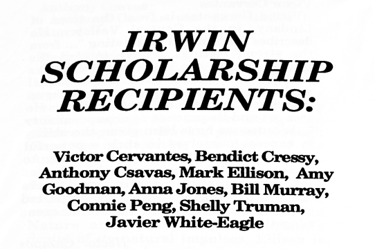Irwin Scholars 1992 announcement
