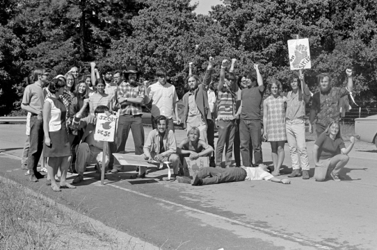 UC Santa Cruz student strike: students on the road. Undated. Image courtesy of the Collection of the University of California, Santa Cruz, Special Collections & Archives.