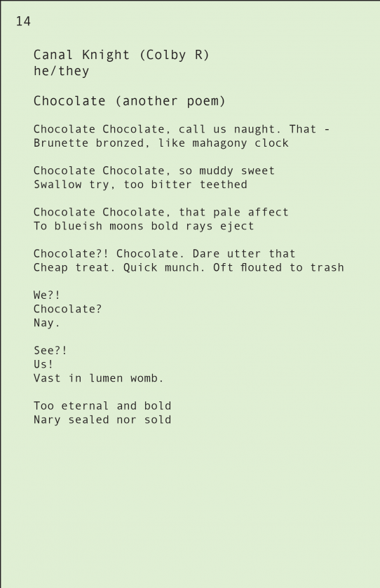 Chocolate, a poem by Canal Knight (Colby R)