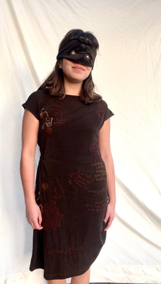 History of Consciousness Dress (June - December 2021) ​A used dress embroidered in shades of recycled brown thread, embroidered with notes and drawings from Approaches to History of Consciousness.