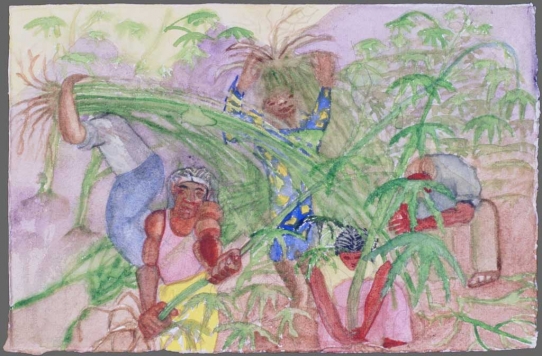 Eduardo Carrillo, Harvesting the Plants, 1993. Oil, 10.75” x 15”