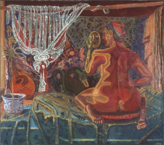 Eduardo Carrillo, Leda and the Swan, 1996. Oil on canvas, 56.5" x 51.5"