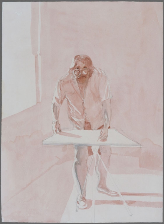 Eduardo Carrillo, Self Portrait While Drawing, 1986. Watercolor, 30" x 22"