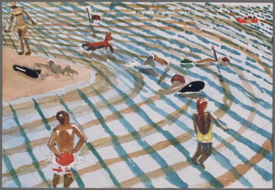 Eduardo Carrillo, Swimming, 1975. Watercolor, 7.125" x 10.325"