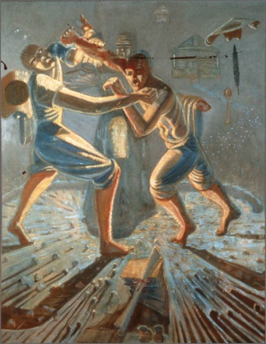 Eduardo Carrillo, Two Brothers Fighting, 1986. Oil, 88" x 65"