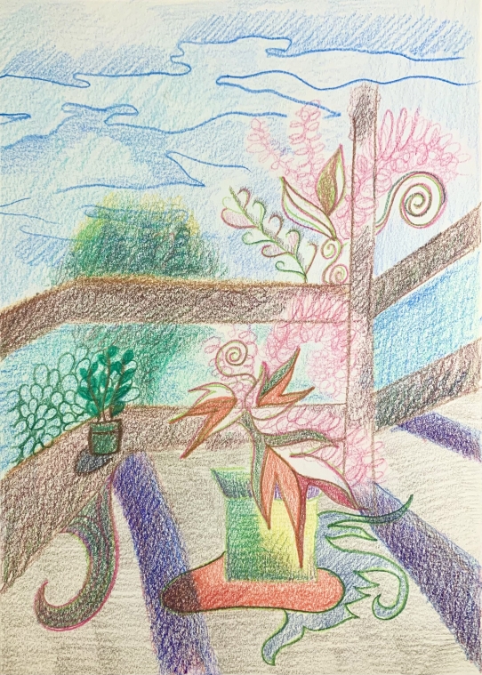 Edie Trautwein, The back deck from my window (2020), Colored pencil