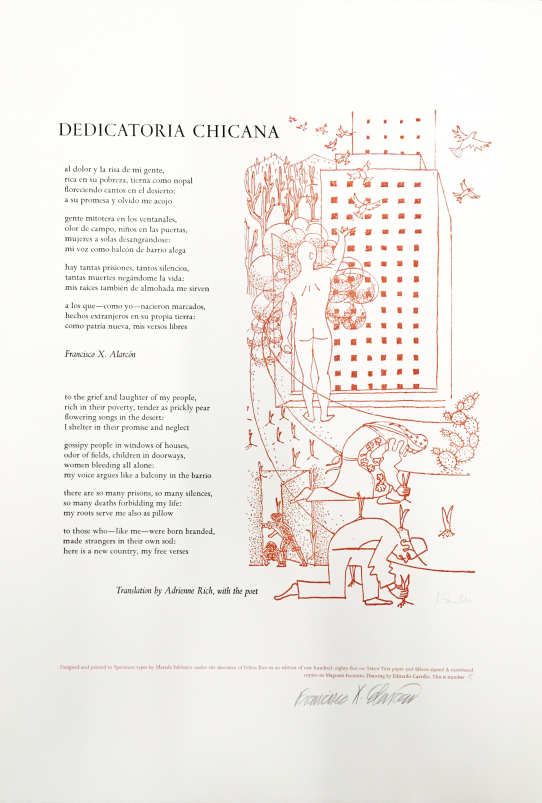 Dedicatoria Chicana, Poem Francisco X. Alarcón, Drawing Eduardo Carrillo, Moving Parts Press Felicia Rice, letterpress and relief printmaking, 1989. Broadside in an edition of 60.