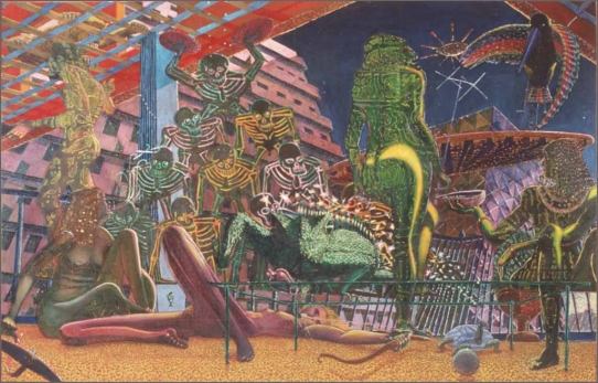 Eduardo Carrillo, Las Tropicanas, 1972. Oil on canvas, 84" x 132"