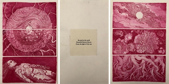 From "Strings of Consciousness", Copper etchings with aquatint printed on japanese paper and bound into an artist book, 7" x 13", 15 pages, 2019.