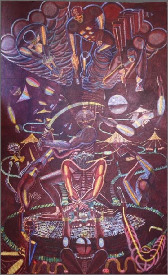 Eduardo Carrillo, Sacrifice of the Head and Heart, 1977. Oil on canvas, 132" x 204
