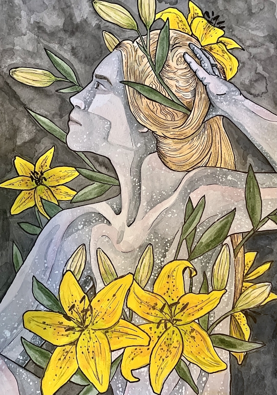 Sarah Do (Porter ‘17), Faerie with Lilies, 2020. Acrylic and ink