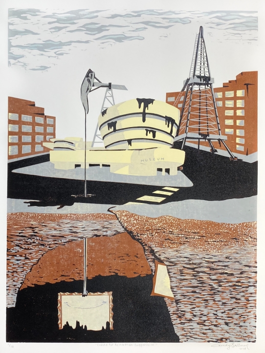 Closed For Restoration: Guggenheim, 2020. Oil based Reduction Woodcut on Arches, 30" x 22"