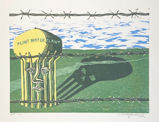 Neglected Places: Flint Water Crisis, 2020. Oil based Reduction Woodcut on Arches, 11" x 15"
