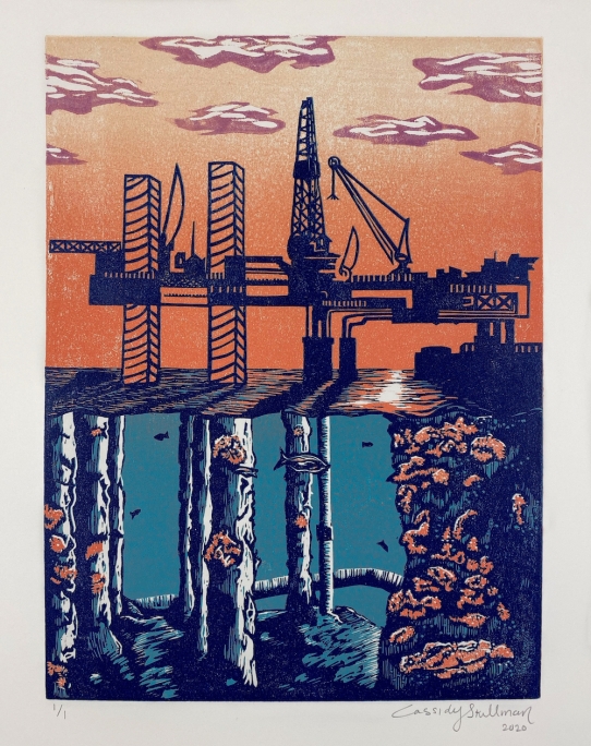 Neglected Places: Below The Offshore Rig, 2020. Water based Reduction Woodcut on BFK, 15” x 13”