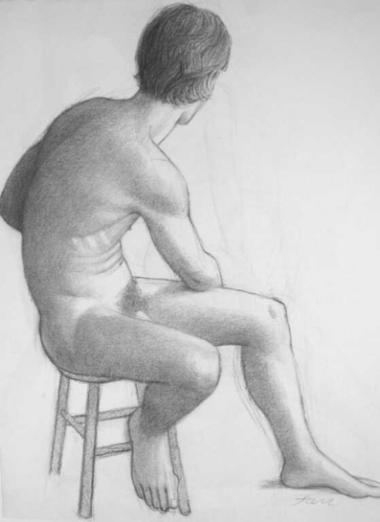 Charles Griffin Farr, Untitled (nude male sitting on stool; twisted to show back of head; full body). Graphite on paper.