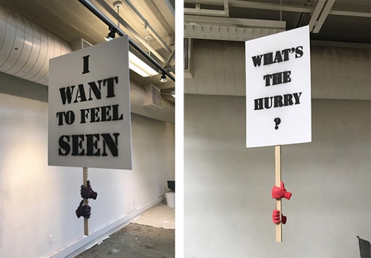 Veriche Blackwell, Shouting into the Void (2020), Foamcore, wood, spray paint, gloves 3’ x 0.5’ x 4.5’