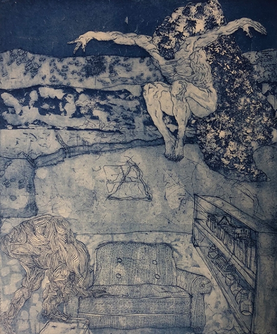 Couch wrestling in the void (2019), intaglio